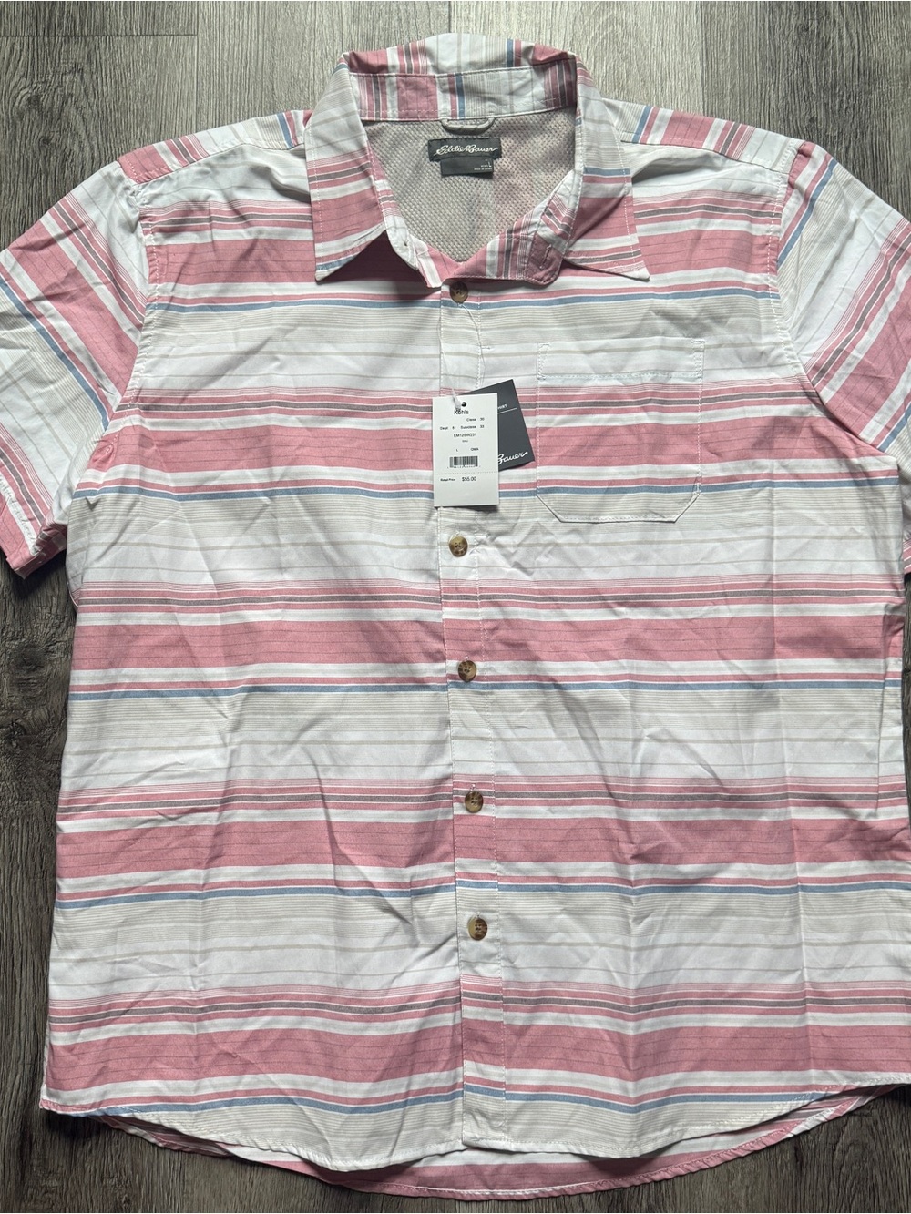 Eddie Bauer Men's L Pink White Blue Striped Cotton Woven Button-Up Pockets -0171